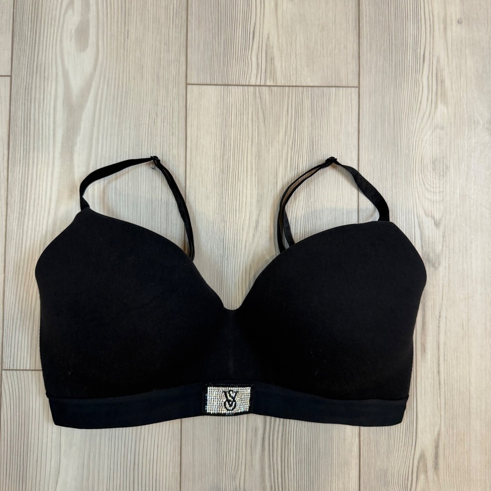 Victorias Secret T-Shirt Bra Black Wireless Lightly Lined Rhinestone Logo 36DDD
